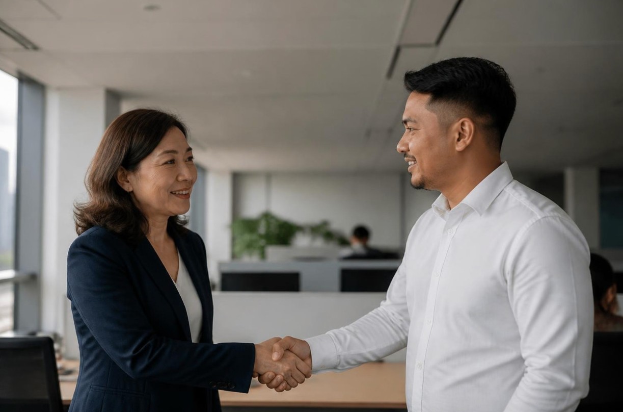 A business owner and a new hire shaking hands on his first day