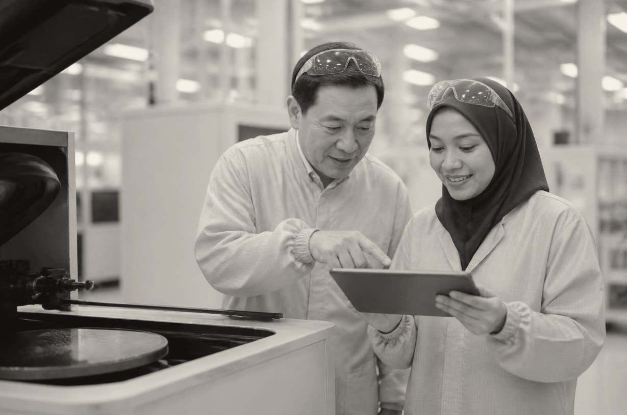 A senior engineer and his young local successor reviewing data on a tablet beside a wafer machine