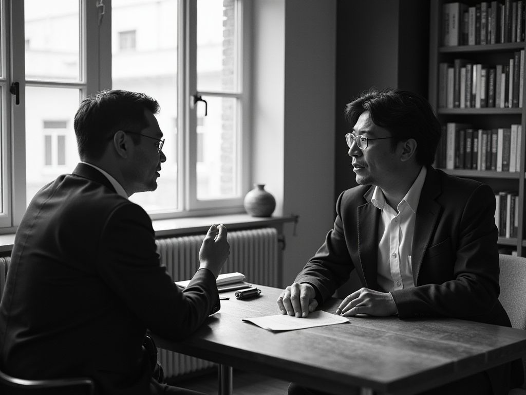 Two business professionals in honest conversation across a small table — natural side light